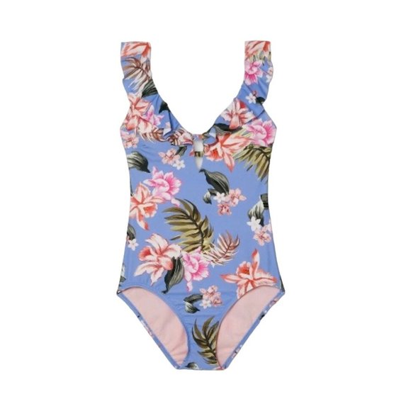 Kona Sol One Piece Blue Tropical Print Ruffle Neck High Coverage Swim Suit S M - Picture 3 of 10